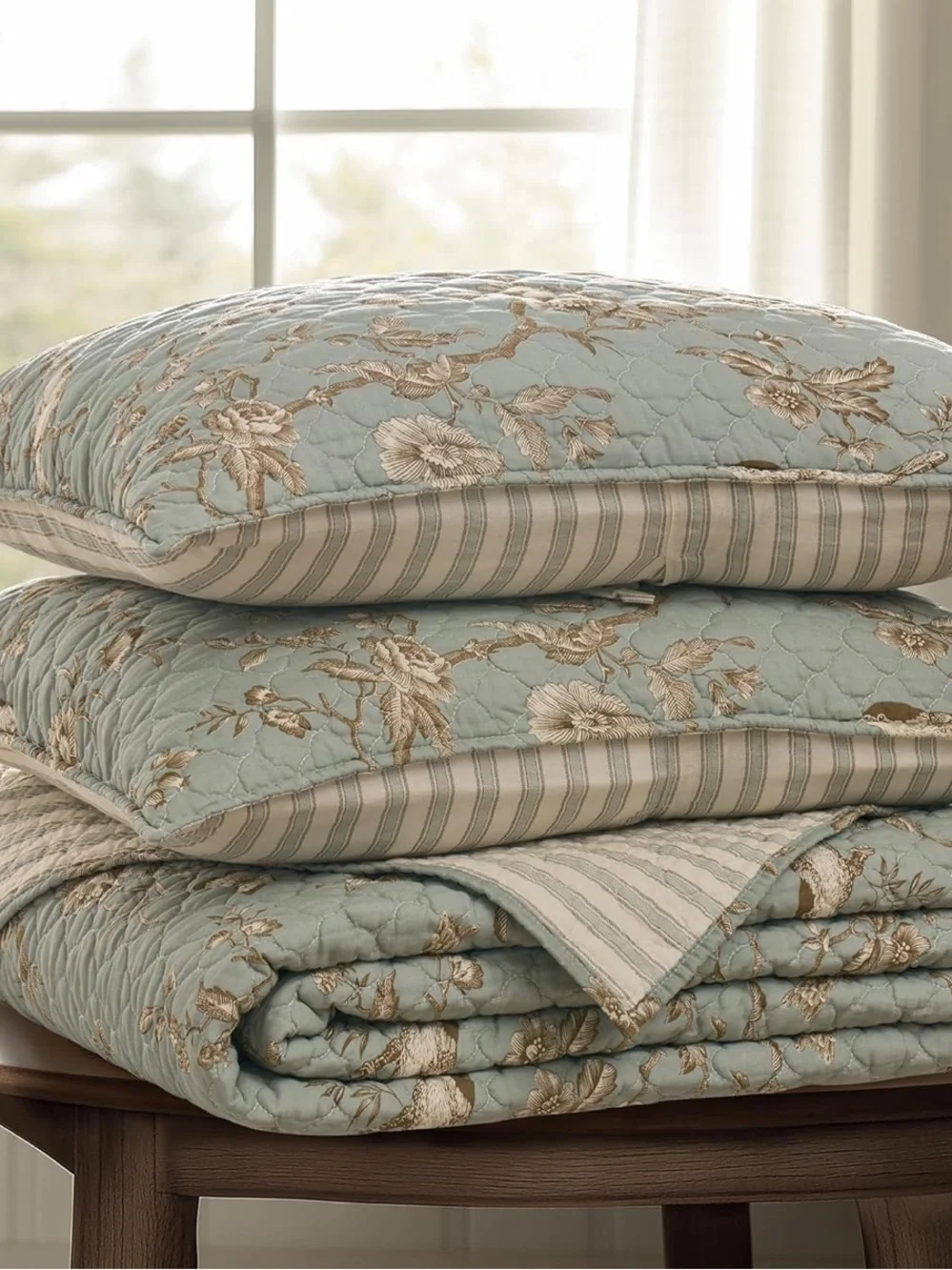 🆕 PB Style Reversible Quilt Set Brown Stripes Sage Floral Bird Toile Coverlet
